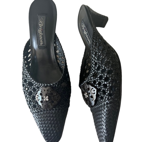 Brighton Tana Black Woven Leather Pointed Toe Kitten Heel Size 6.5 Witchycore - Picture 2 of 15